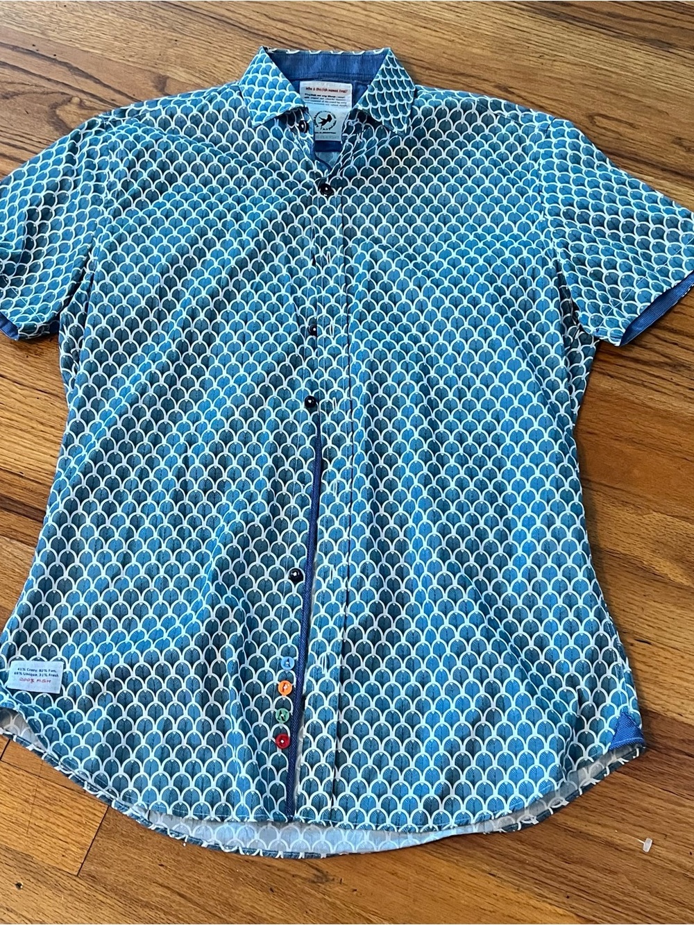 Men's Blue Patterned Short-Sleeve Button-Down Shirt